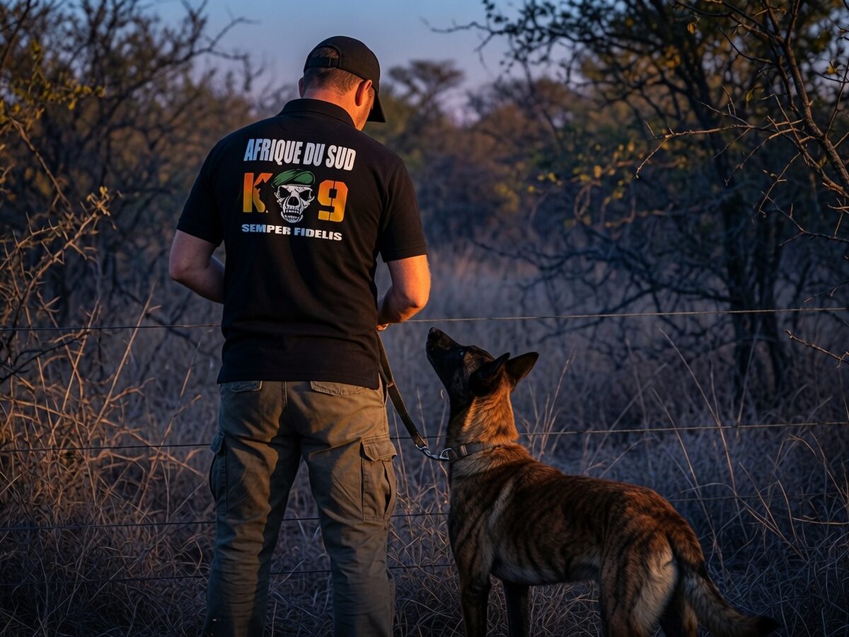 An anti-poaching K9 team working a fence line at first light