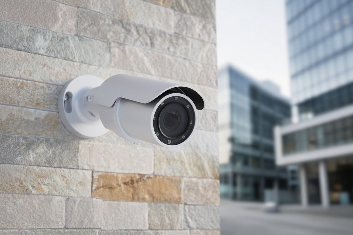 A CCTV camera installed on a perimeter wall