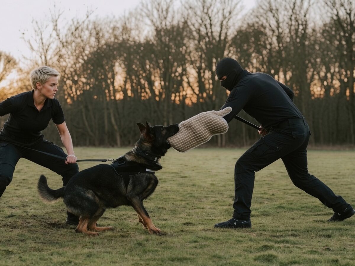 A handler working a trained dog