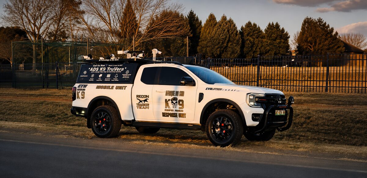 The ADS K9 E.T.R. mobile unit vehicle, roof-mounted camera mast fitted, on a contracted site