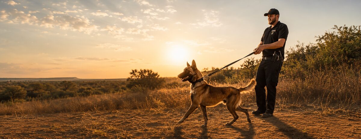 A K9 handler with a working dog in the field